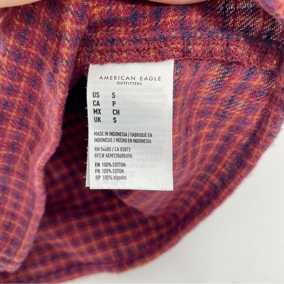 American‎ Eagle Crop Plaid Boxy Long Sleeve Red Button Down Boho Flannel - Picture 6 of 9